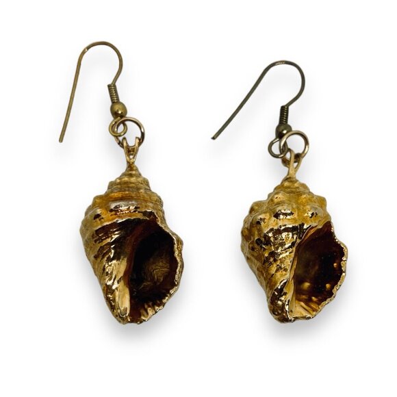Gold Tone Conch Shell Dangle Drop Hook Earrings - Picture 4 of 4